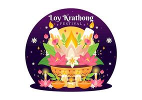 loy Krathong vetor ilustração do festival celebração dentro Tailândia com lanternas e krathongs flutuando em água Projeto dentro plano desenho animado fundo