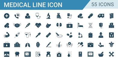 conjunto do médico e cuidados de saúde sólido ícones vetor. ícones tal Como medicamento, injeção, raio X, osso, dente, e hospital ilustração vetor