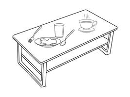café e chá mesa com vidro e de madeira mesa, copo do quente chá e chá folha em a de madeira mesa e a chá plantações fundo vetor