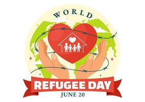 mundo refugiado dia vetor ilustração em 20 Junho do imigração família e seus crianças caminhando procurar casa com cerca ferro fio e mão dentro fundo