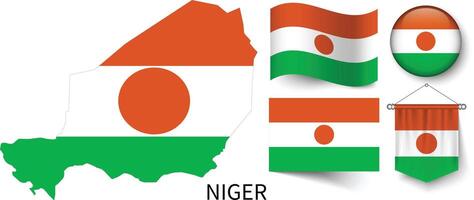 a vários padrões do a Níger nacional bandeiras e a mapa do Níger fronteiras vetor