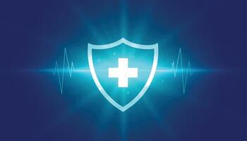 brilhante escudo e cardiógrafo azul fundo para médico Cuidado vetor