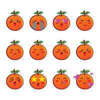 conjunto laranja ícones emojis. coleção do fruta emoticons dentro desenho animado estilo isolado em branco fundo, vetor ilustração