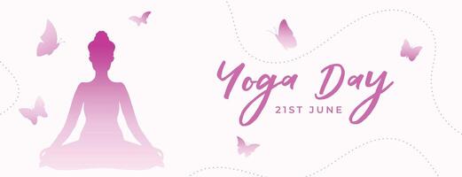 moderno 21 Junho ioga dia evento bandeira com fofa borboleta Projeto vetor