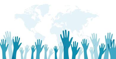 global voluntário solidariedade mãos acima bandeira com terra mapa vetor