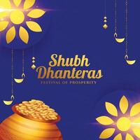 decorativo e brilhante shubh dhanteras pooja fundo com dourado moeda Panela vetor