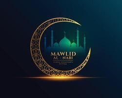 islâmico mawlid al nabi evento cartão com lua e mesquita Projeto vetor