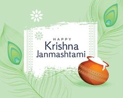 lindo Krishna janmashtami festival cumprimento com matki e pavão pena vetor