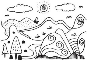 fofa desenho animado Prado com montanhas, plantas, nuvens e sol.kids coloração página. vetor