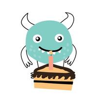 celebração aniversário azul monstro com bolo vetor