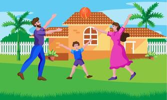 mãe e pai jogando bola com filho dentro casa jardim, família jogando lado de fora vetor