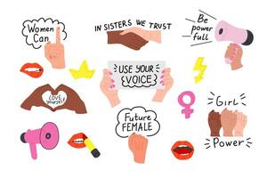 feminista movimento símbolos vetor definir. plano meninas poder adesivos com punhos acima e feminismo slogans. Forte Preto mulheres direitos. super garota.
