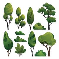 verde árvores e arbustos definir. floresta, jardim, ou parque panorama plantas. coleção do Primavera ou verão vegetação vetor ilustrações. desenho animado plantas coleção para bandeiras, cartões, capas, rede Projeto.