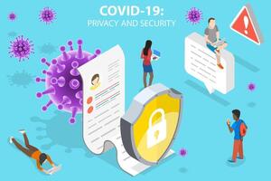 3d isométrico vetor conceptual ilustração do covid-19 privacidade e segurança