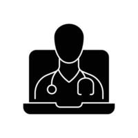 telemedicina ícone. simples sólido estilo. telessaúde virtual Visita, vídeo Visita com masculino médico em computador portátil computador, cuidados de saúde conceito. Preto silhueta, glifo símbolo. vetor ilustração isolado.