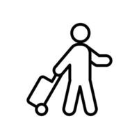 viajante homem ícone. simples esboço estilo. passageiro puxar rolando bolsa, o negócio viagem, férias, turismo conceito. fino linha símbolo. vetor ilustração isolado.