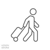 viajante homem ícone. simples esboço estilo. passageiro puxar rolando bolsa, o negócio viagem, férias, turismo conceito. fino linha símbolo. vetor ilustração isolado. editável AVC.