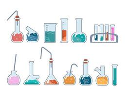 escola química classe transparente vidro frascos e retruca, artigos de vidro para a químico laboratório. químico equipamento para experimentos. vetor ilustração dentro uma plano estilo.