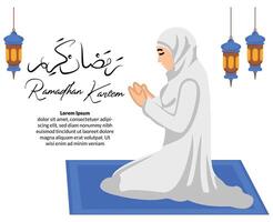 muçulmano mulher sentado em a oração tapete enquanto Rezar dentro Ramadhan mês vetor