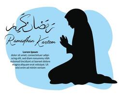 silhueta muçulmano mulher sentado em a oração tapete enquanto Rezar dentro Ramadhan mês vetor