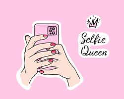 selfie rainha, mãos com telefone. ilustração para impressão, fundos, cobre e embalagem. imagem pode estar usava para cumprimento cartões, cartazes, adesivos e têxtil. isolado em branco fundo. vetor