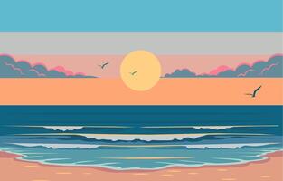 plano Projeto do lindo de praia panorama com colorida céu às pôr do sol vetor