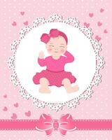 cartão infantil com uma linda menina em um modelo de renda com um laço e corações. design recém-nascido, vetor. vetor