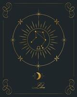 cartaz de astrologia mágica com constelação de libra, carta de tarô. design dourado em um fundo preto. ilustração vertical, vetor