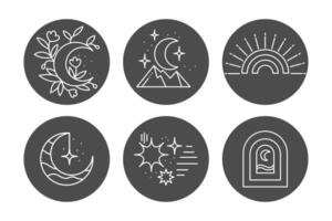conjunto do místico ícones, lua, sol, estrelas, flores, mãos. linha arte. vetor