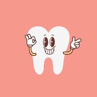 groovy dente desenho animado personagem acenando dele mão. engraçado saudável branco molar com feliz face, retro desenho animado dentes mascote, odontologia e dental Cuidado adesivo do Anos 70 anos 80 vetor ilustração. vetor