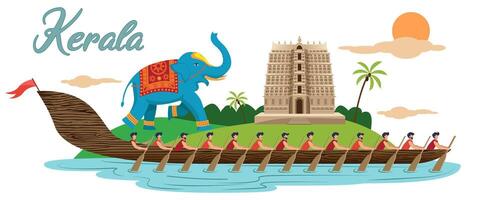 indiano Kerala projeto, serpente corrida barco com sul indiano têmpora e decorado elefante vetor