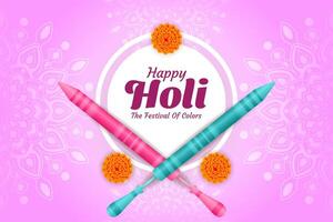 colorida feliz holi hindu festival celebração cumprimento com cor respingo e pichkari vetor