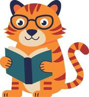 uma ilustração do uma fofa pequeno tigre lendo uma livro vetor