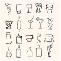 coquetéis, café bebidas e álcool garrafas com ilustração estilo rabisco e linha arte vetor