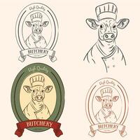 logotipo conjunto com uma vaca dentro uma chef chapéu. Preto linhas, colori elementos para logotipo. mão desenhado vintage estilo vetor