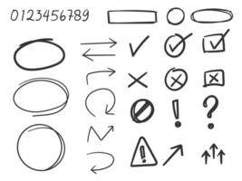 mão desenhado Setas; flechas, número Verifica lista, linha marcador rabisco estilo vetor
