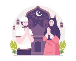 Ramadã conceito ilustração. feliz muçulmano pessoas comemoro piedosos mês Ramadã vetor