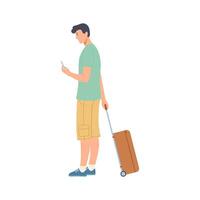 jovem homem carrinhos com uma mala de viagem e parece às a telefone, a conceito do turismo e viagem. plano vetor ilustração.