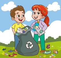 vetor ilustração do Rapazes e meninas colecionar plástico garrafas e lixo dentro a parque