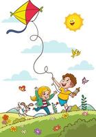 pequeno crianças jogando com dele amigo dentro natureza e sentindo-me Crianças felizes vôo kites.play tempo. vetor