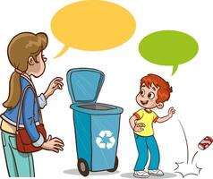 vetor ilustração do mãe e dela criança jogando lixo para dentro a Lixo pode.
