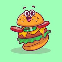 fofa feliz hamburguer desenho animado vetor ícone ilustração. Comida objeto ícone conceito isolado Prêmio vetor. plano desenho animado estilo