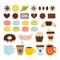 café e chá coleção. cafeteria ícones. conjunto do chá símbolos, objetos e elementos. Macarrão, chocolate, croissant, rosquinha vetor