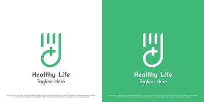 saúde mão logotipo Projeto ilustração. silhueta do saudável mãos em forma verde pessoas humano Cuidado Socorro cuidados de saúde médico vida. abstrato saudável fresco bem estar geométrico linha mínimo simples ícone símbolo. vetor