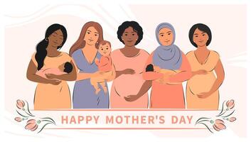 grupo do grávida mulheres e mulheres com crianças. gravidez, amamentação e maternidade. vetor ilustração