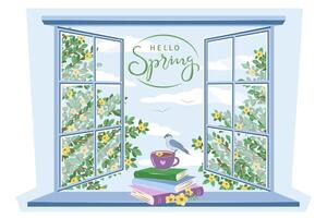 Olá Primavera. livros, copo do chá ou café e uma pássaro perto Primavera janela. vetor ilustração