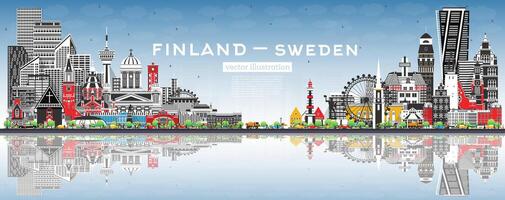 Finlândia e Suécia Horizonte com cinzento edifícios, azul céu e reflexões. famoso pontos de referência. Suécia e Finlândia conceito. diplomático relações entre países. vetor