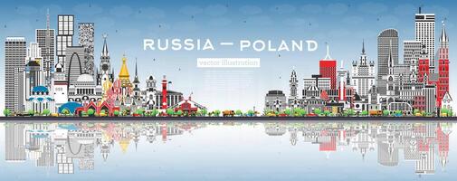 Rússia e Polônia Horizonte com cinzento edifícios, azul céu e reflexões. famoso pontos de referência. Polônia e Rússia conceito. diplomático relações entre países. vetor