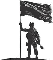 ai gerado silhueta soldados ou exército pose dentro frente do a Preto bandeira Preto cor só vetor