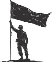 ai gerado silhueta soldados ou exército pose dentro frente do a Preto bandeira Preto cor só vetor